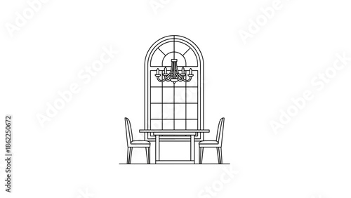 A minimalist line drawing depicts a dining room setting. It features a large arched window, a chandelier, a table, and two chairs. It is black and white