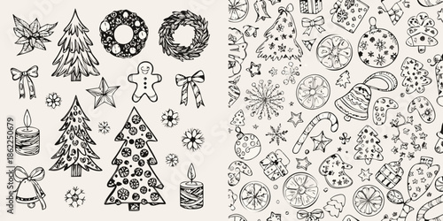Charming hand drawn christmas illustrations featuring trees ornaments and festive decorations