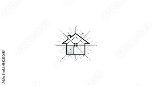 A minimalist graphic with a house outline radiating lines and geometric shapes. The design has a tech or construction feel with a clean, stark white background