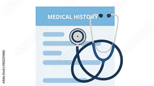 A medical illustration depicting a medical history form with a stethoscope. The form is light blue and has lines to record information