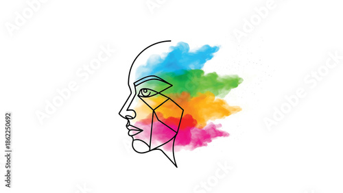 A minimalist line art depiction of a face merges with vibrant colorful smoke. The design showcases an expressive fusion of art and abstract concepts