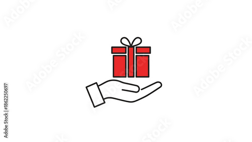 A minimalist icon featuring a hand presenting a red gift box with a black outline and bow, suggesting offering or giving on white