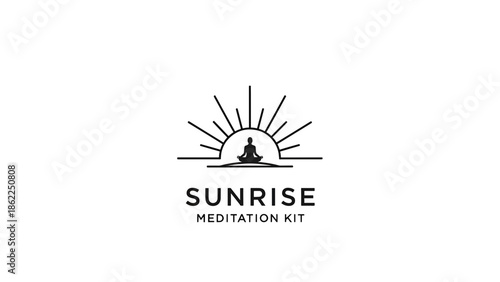 A minimalist logo featuring a meditating figure beneath a sun radiating rays, representing calmness, mindfulness, and serenity. Text below reads "Sunrise Meditation Kit