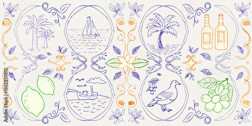 A charming sketch featuring tropical motifs like palms boats and citrus fruits