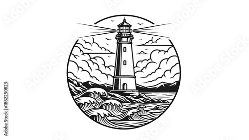 A monochrome illustration depicts a coastal scene within a circle. A tall structure stands atop rocks, waves crash, and clouds fill the sky. Beams shine