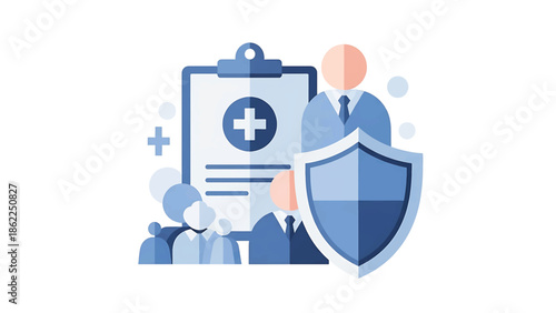 A medical illustration depicting health insurance. A clipboard with a plus symbol, people, and a shield suggests protection