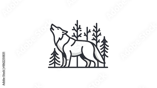 A monochrome illustration depicts a howling wolf amidst stylized trees, using simple lines and solid shapes on a clean white background