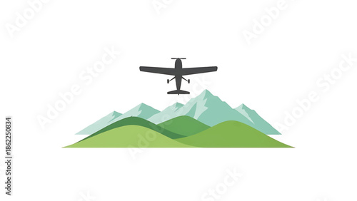 A minimalist illustration depicts an airplane soaring above rolling green hills and majestic blue-green mountains under a white sky