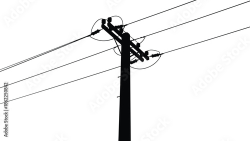Minimal black power line pole silhouette vector illustration isolated on white background for electricity infrastructure energy transmission design concept usage