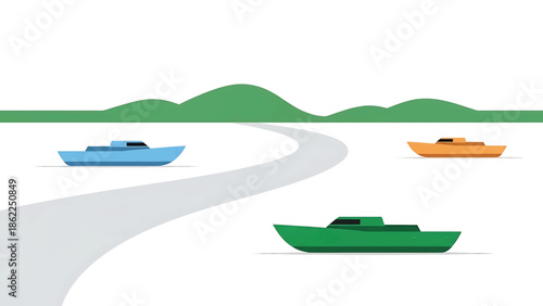 A minimalist illustration depicts three boats in blue, orange, and green on a white backdrop with a winding road. Green hills extend