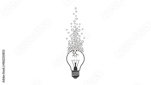 A monochrome illustration depicts a lightbulb breaking apart, bubbles rising from the shattered glass against a white background