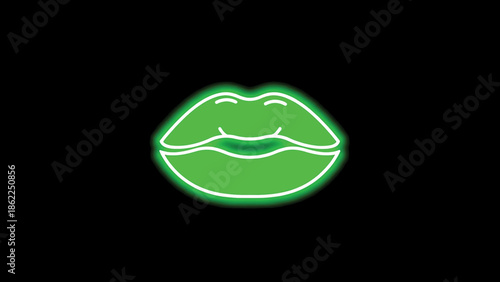 A neon-style illustration features a bright green pair of lips with a white outline against a black background. The lips smile