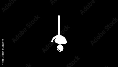 A minimalist monochrome illustration of a hanging light fixture with a bell-shaped shade and a single bulb. Set against a solid black backdrop