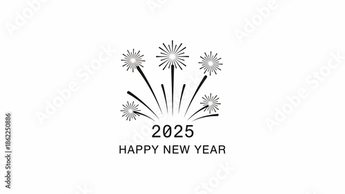 A minimalist New Year graphic featuring stylized fireworks, the year 2025, and text "HAPPY NEW YEAR" on a white background. It's clean and celebratory