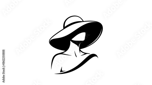 A minimalist monochrome illustration of a woman wearing an elegant sun hat, creating a stylish silhouette. The image is clean and simple