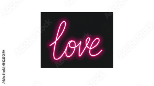 A neon-style illustration featuring the word "love" written in a flowing, cursive script. The illuminated text glows brightly against a dark backdrop