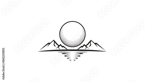 A minimalist monochrome logo showcasing mountains, a large sun, and water reflection, creating a serene, natural scene. The design is clean and simple