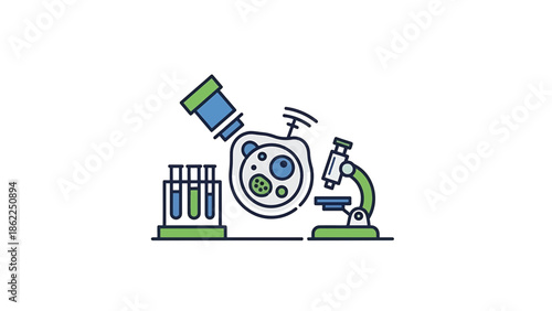 A medical illustration depicting laboratory equipment, including a microscope, test tubes, and cell being observed. Blue, green, and white colors