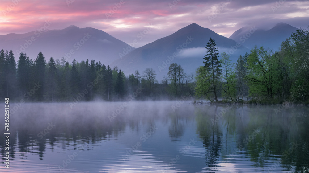 Fototapeta premium Tranquil mountain lake at dawn with mist rising and colorful sky rising mist