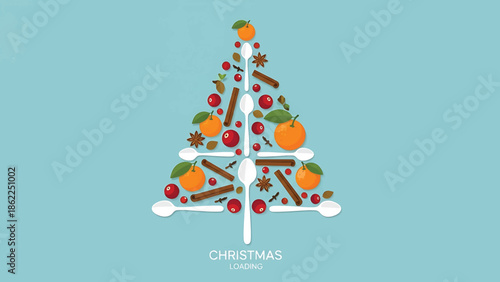 A minimalistic Christmas tree made of spoons, tangerines, cranberries, star anise, and cinnamon sticks against a light blue background