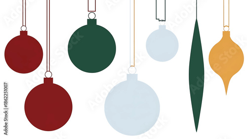 A minimalist illustration features stylized ornaments of various shapes and colors suspended on strings against a stark white background