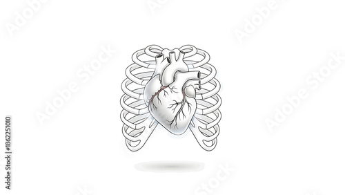 A medical illustration depicting the human heart encased within the rib cage, rendered in a grayscale palette against a white background