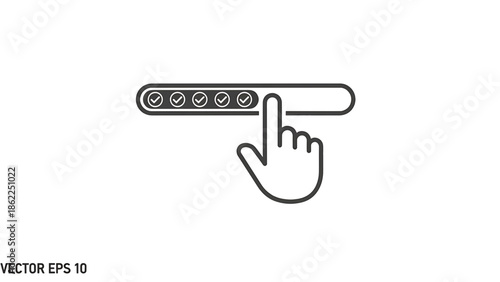 A minimalistic icon features a hand selecting a progress bar with completed steps indicated by checkmarks. The graphic is clean with a white background