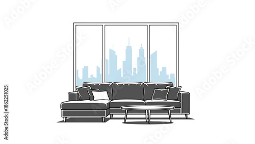 A minimalistic illustration depicts a modern living space. A large window frames a cityscape, a dark sectional sofa with pillows, and a small round table