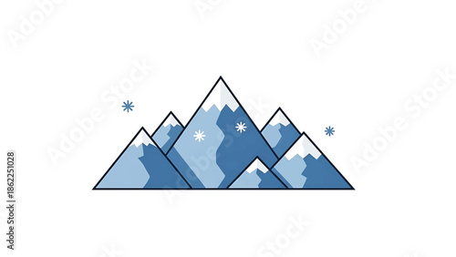 A minimalistic illustration features a range of stylized mountains with snowy peaks and falling snowflakes. The palette is a simple blue against a white backdrop