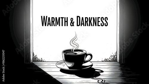 A monochrome illustration depicts a steaming coffee cup on a saucer, under words "Warmth & Darkness."  Shadows and the dark ambiance complete the scene