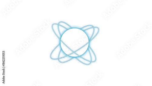A minimalistic illustration featuring a white circle at the center, surrounded by curved, interlocking blue lines against a white backdrop. The lines appear to orbit the center