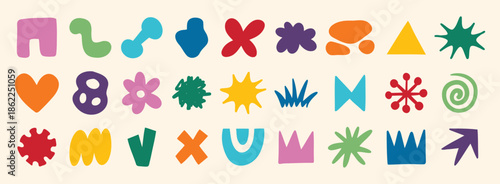 colorful organic doodle hand drawn colorful set. shapes and squiggles childish style. Abstract funny cute kids shapes elements. naive art