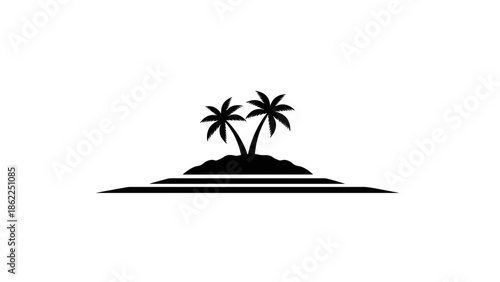 A minimalist illustration features two palm trees on a small island, set above horizontal lines suggesting water and a horizon in monochrome