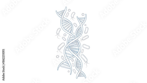 A medical illustration depicts a DNA double helix with surrounding bacteria. The image is a simple linear drawing in blue. Background is white