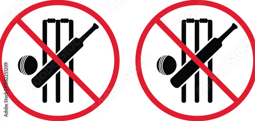 No cricket bat and ball prohibition symbols, sports play restriction icon set for safety signs, rule enforcement, outdoor areas, educational notices, and clear visual communication design.