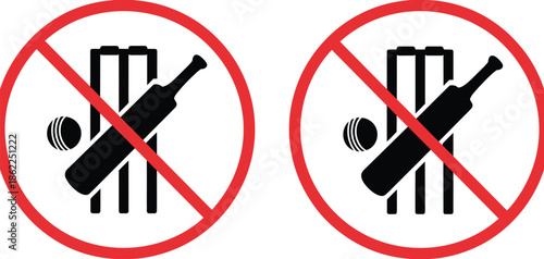No cricket bat ball stump bails icon, prohibition symbols vector illustration for sports restriction, safety warning signage, public area rules, playground control, and game ban graphic design.