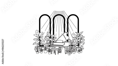 A line-art illustration shows a grand piano inside a room with three arched windows. Plants in pots surround it, with light lines