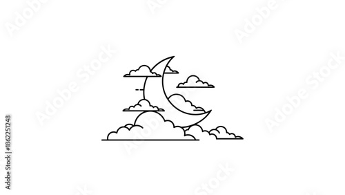 A minimalist illustration of a crescent moon surrounded by fluffy clouds on a white background. The design is simple & elegant