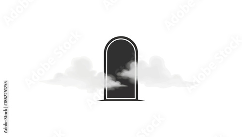 A monochrome illustration features a dark archway filled with clouds, framed against a white backdrop, evoking themes of passage and mystery