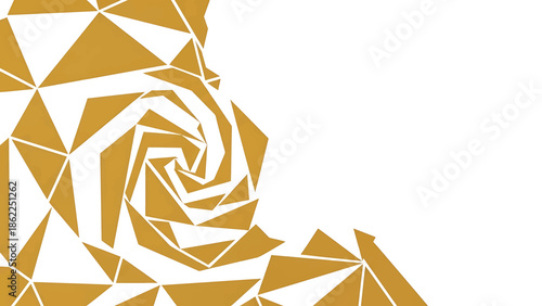 A modern abstract design featuring a geometric arrangement of gold-toned triangular shapes against a white background, creating a spiral and angular patterns