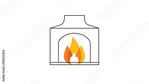 A minimalist illustration of a fireplace with flames. The flames are vibrant, featuring orange, yellow, and white against a simple, graphic outline