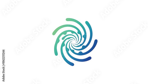 A modern abstract design featuring a gradient spiral pattern. The colors transition from green to blue. It is placed centrally on a white background