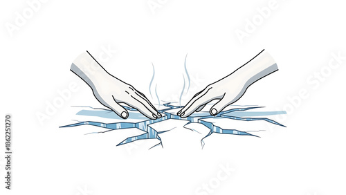 A pair of hands, drawn in a cartoonish style, are placed upon cracked ice, with steam rising from the cracks. A minimalist illustration