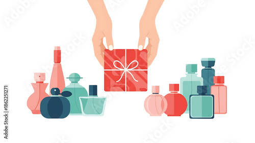 A pair of hands holds a red gift box with a white ribbon, surrounded by various perfume bottles of different colors and shapes