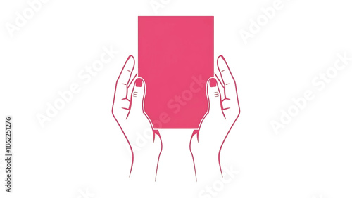 A pair of hands in a stylized, minimalist outline delicately holds a rectangular card with a textured pink fill