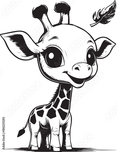 A cute cartoon illustration of a black and white dairy cow calf standing in a farm field, featuring a fun vector art design for agriculture and nature themes