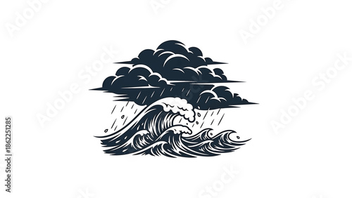 A monochrome illustration features a dark cloud raining over stylized waves. The image uses a woodcut or linocut style, offering a bold contrast