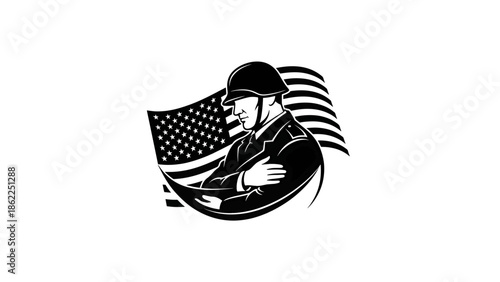 A monochrome illustration features a soldier in a military uniform, arms crossed, beside a waving flag with stars and stripes