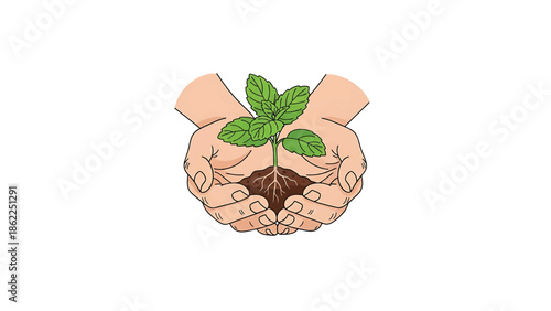 A pair of hands cupping a small plant. The hands are depicted in a realistic style, and the plant has green leaves and brown soil