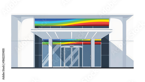 A modern building entrance features a revolving door and colorful archway accents. The facade is a simple, contemporary design
